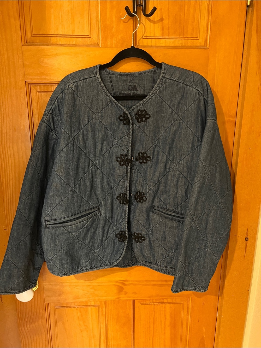 Quilted Denim Button-Front Jacket - Blue With Frog Button Closure